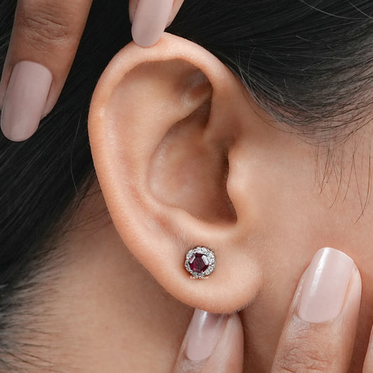 Hexagon Cut Ruby Gemstone Halo Stud Earrings