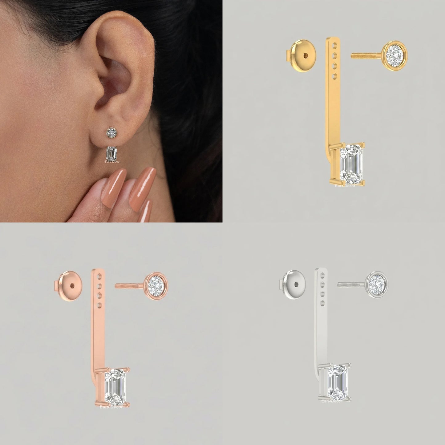 Emerald Cut Diamond Ear Jacket Drop Earring