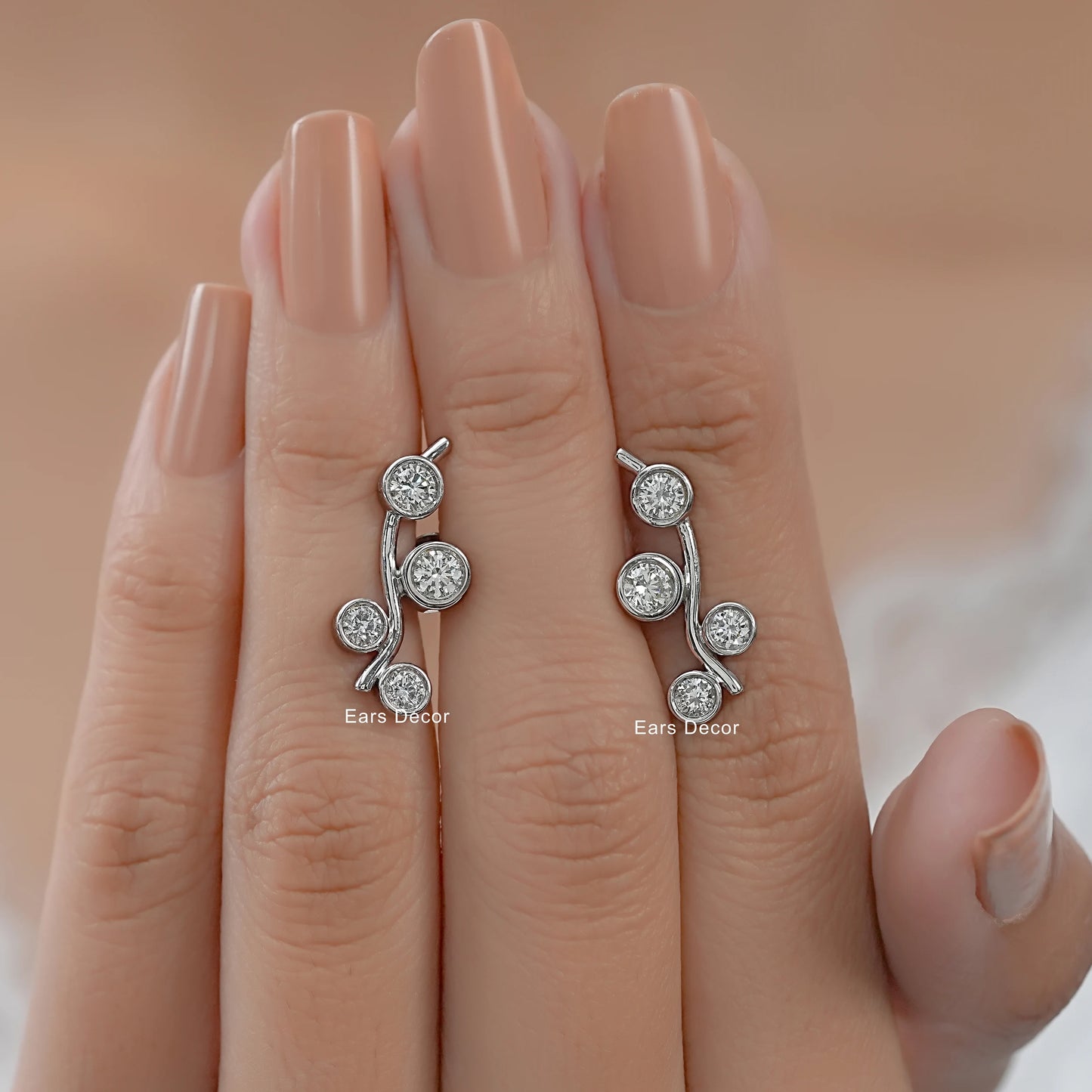 Round Diamond Ear Climber Stud Earring
