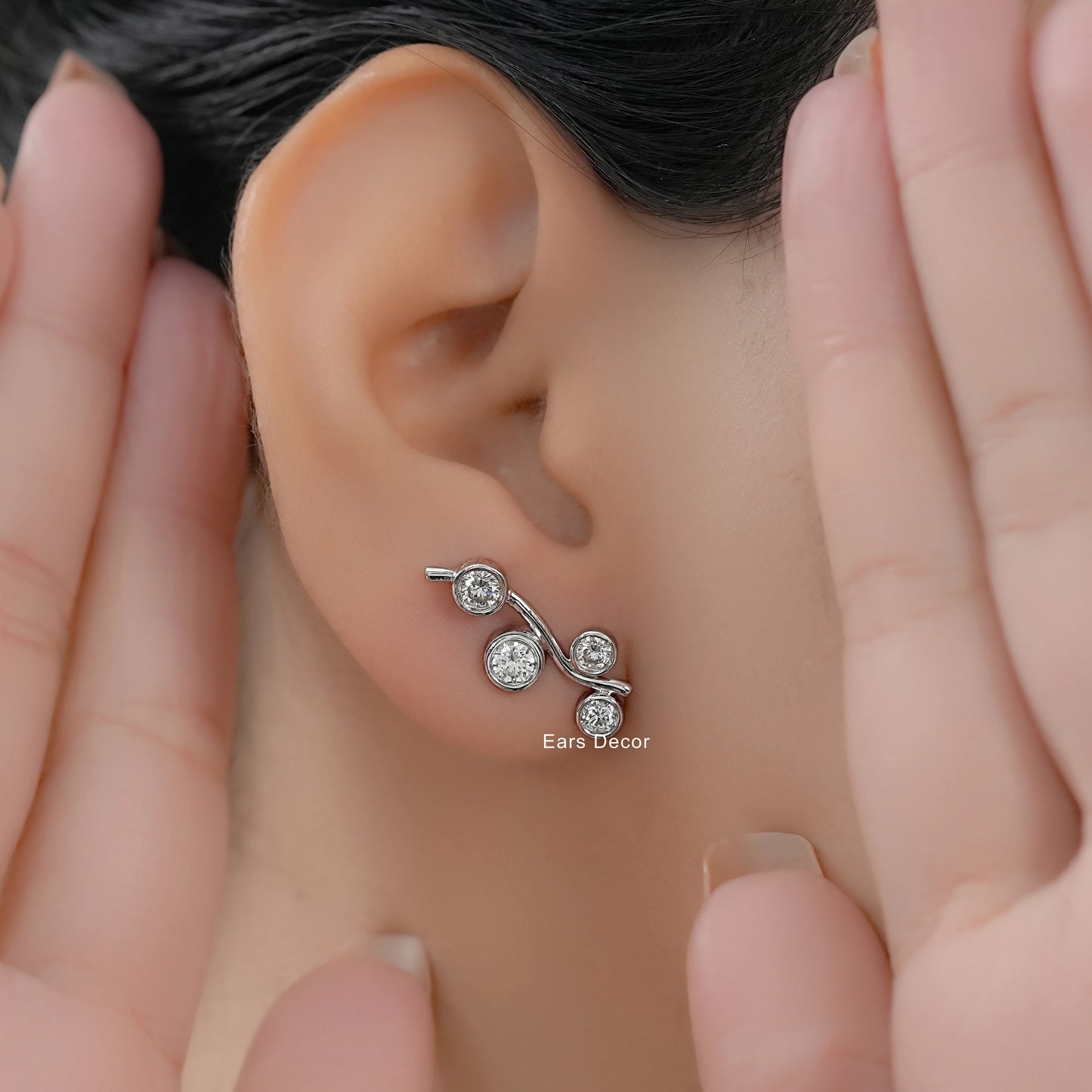 Round Diamond Ear Climber Stud Earring