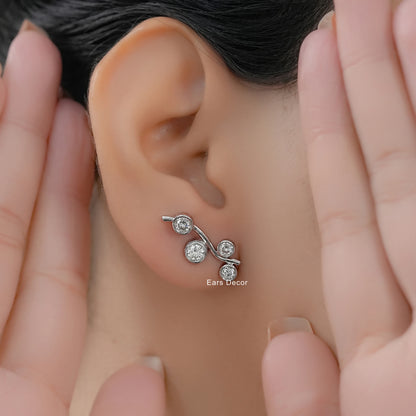 Round Diamond Ear Climber Stud Earring