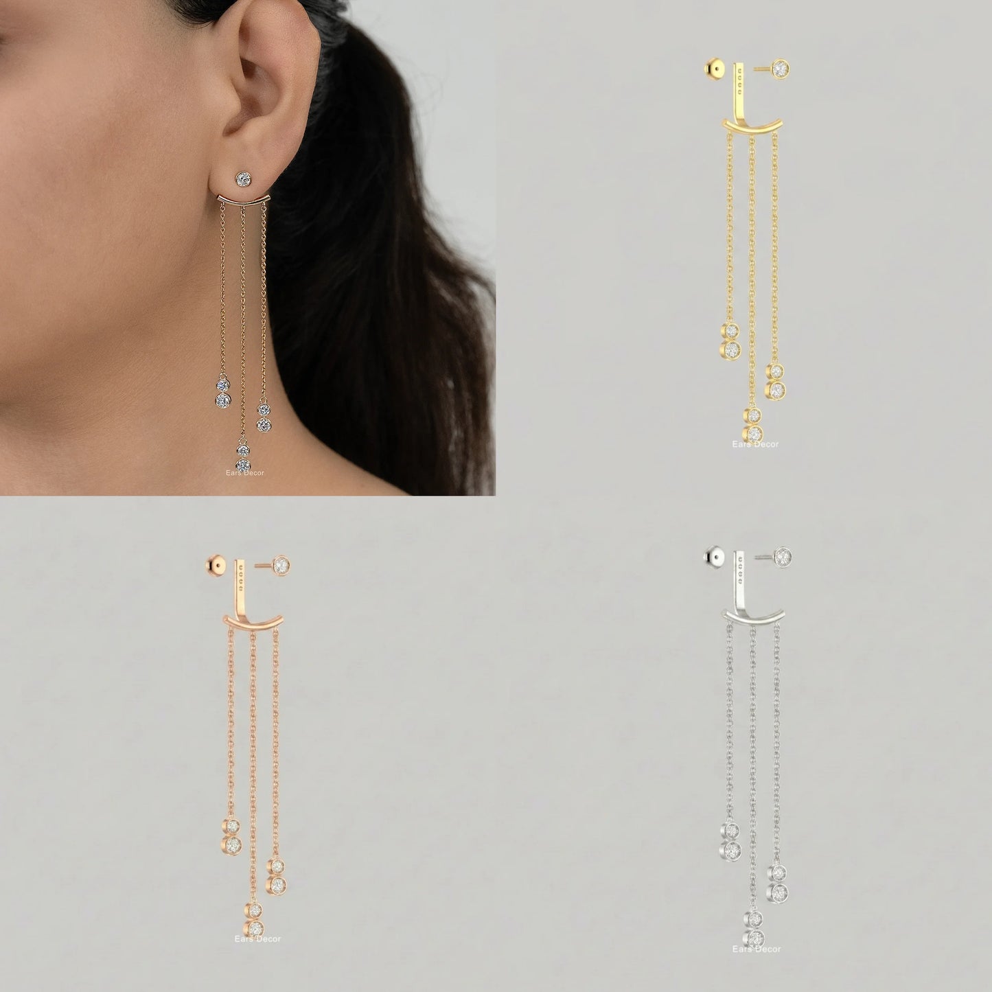 Triple Chain Long Dangle Stud Earring