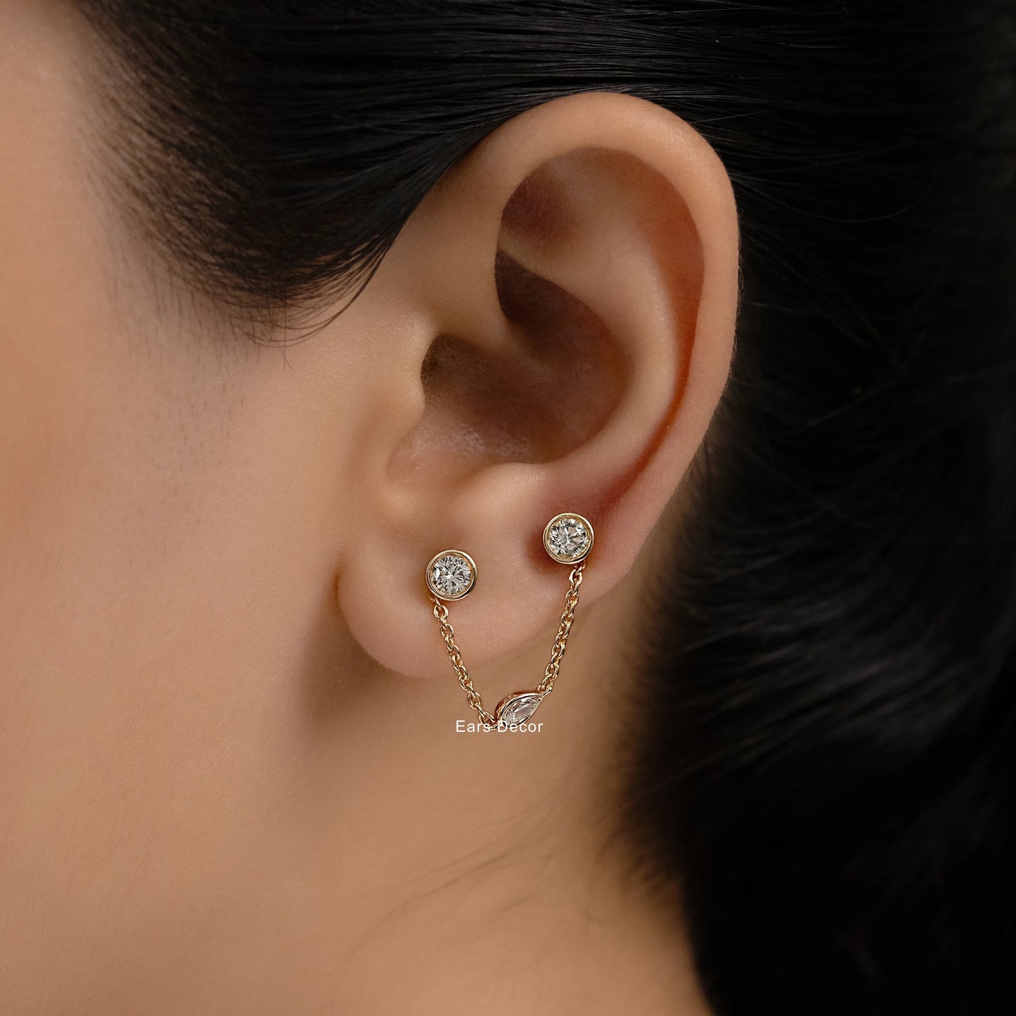 Round Bezel Set Dangling Chain Stud Earrings