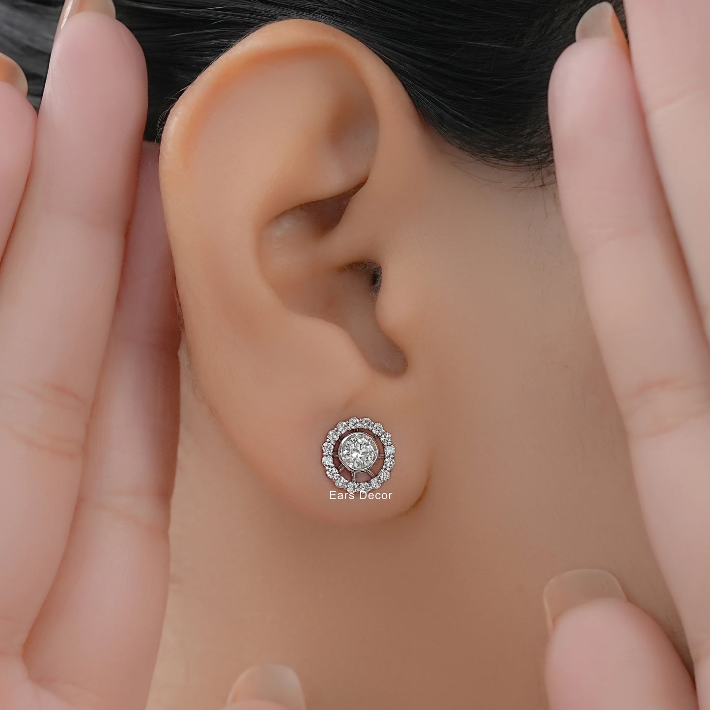 Round Lab Diamond Open Circle Halo Stud Earring