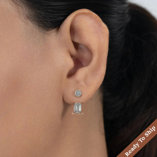 Emerald Cut Diamond Ear Jacket Drop Earring
