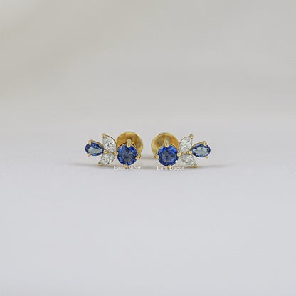 Blue Pear And Round Gemstone Cluster Set Earring