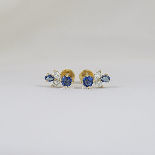 Blue Pear And Round Gemstone Cluster Set Earring