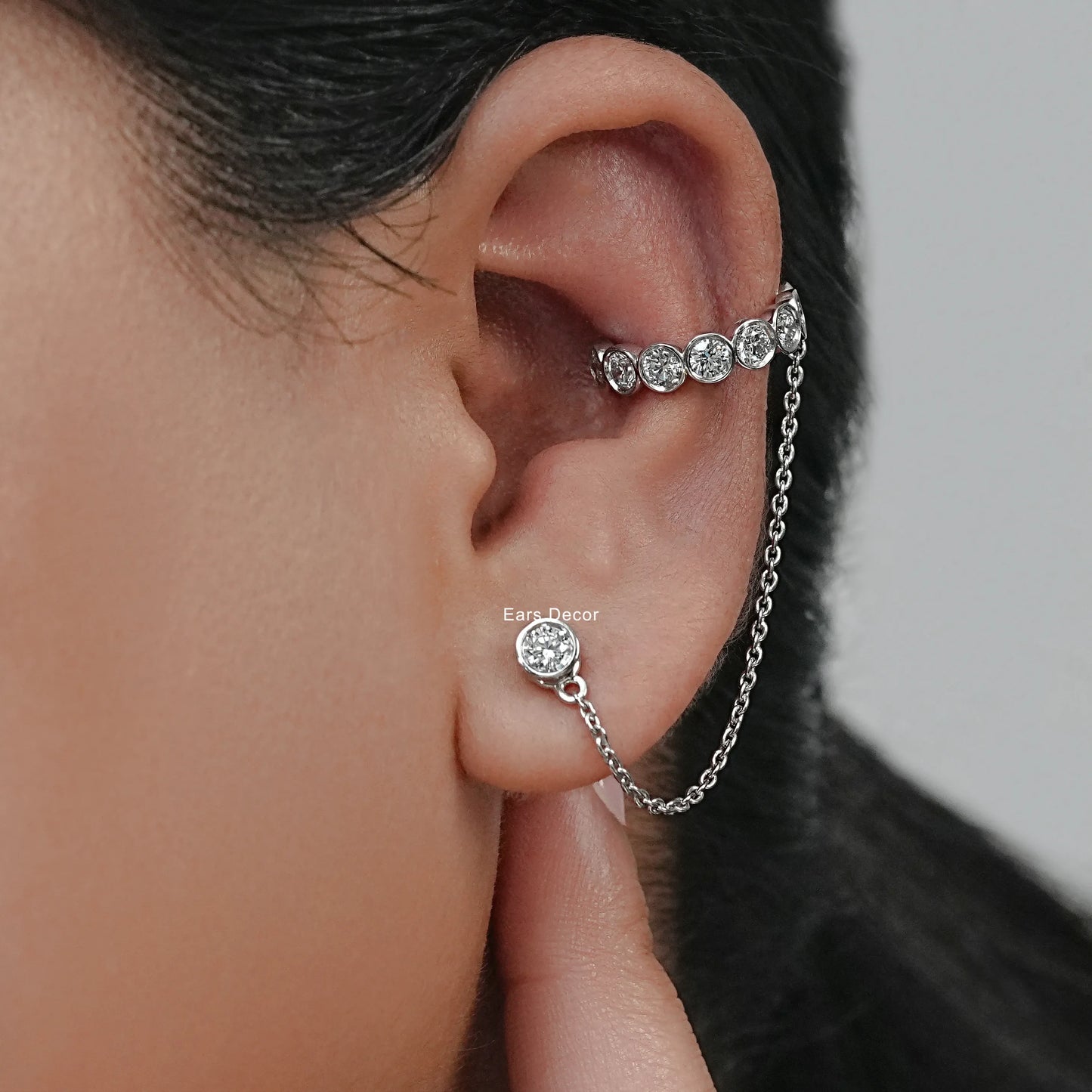 Double Peircing Round Cut Dangle Hoop Chain Earring