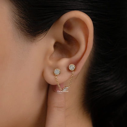 Round Bezel Set Dangling Chain Stud Earrings