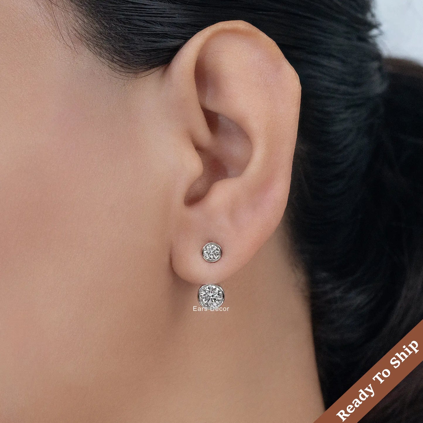 Round Cut Diamond Stud Ear Jacket Drop Earring