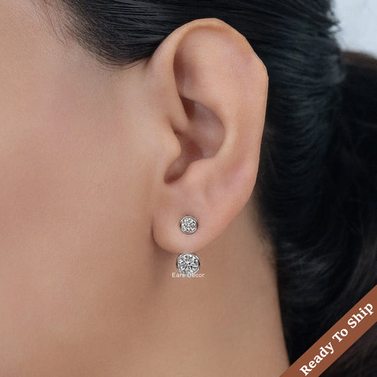 Round Cut Diamond Stud Ear Jacket Drop Earring