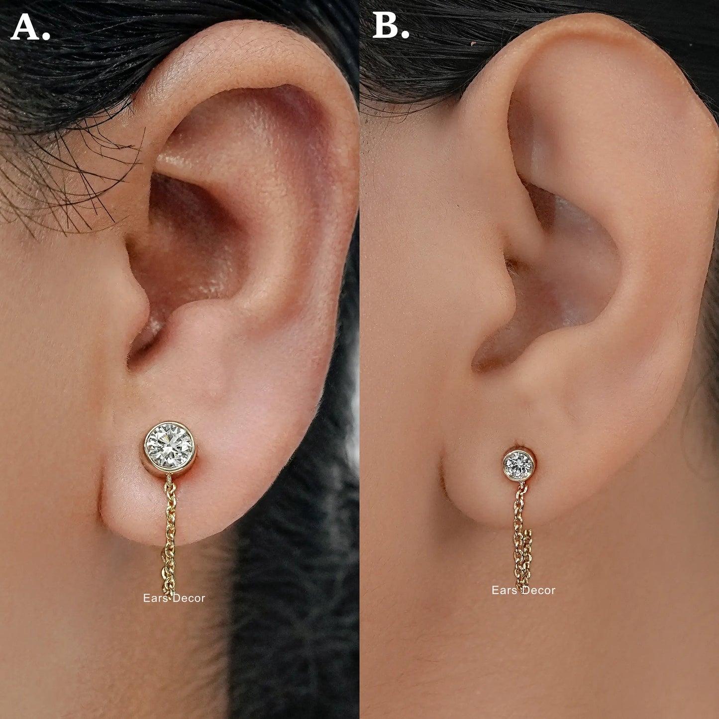 Round Cut Diamond Stud Dangle Chain Earring