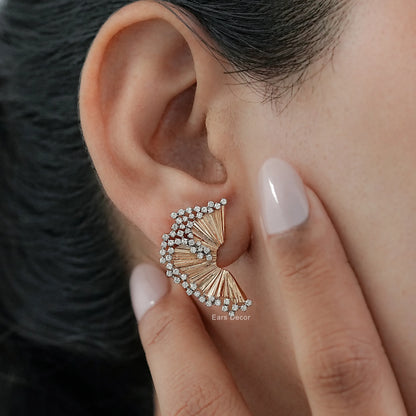 Round Cut Lab Diamond Fan Shaped Stud Earring.