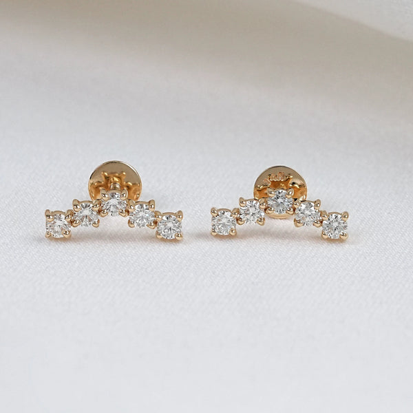 Five Stone Curved Shape Round CVD Diamond Stud Earrings