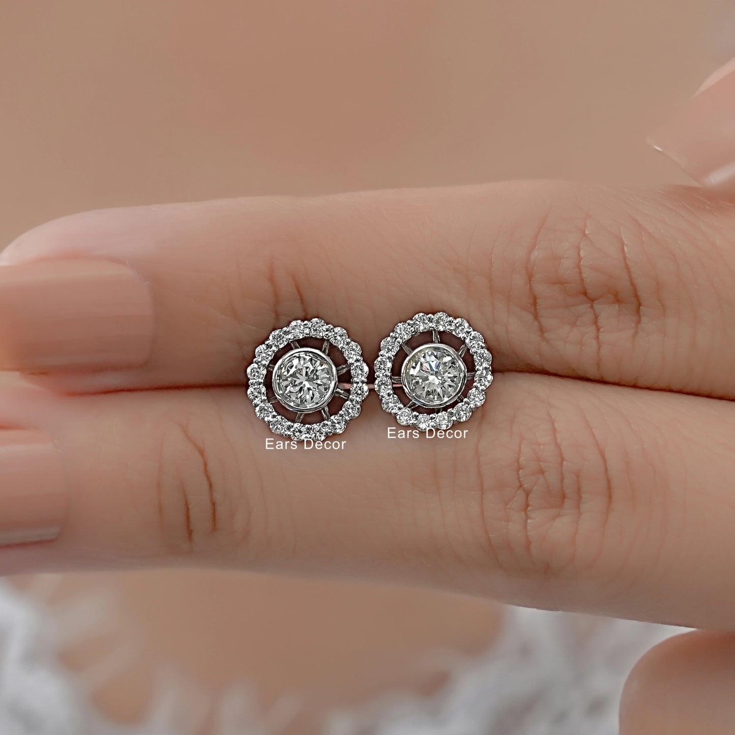 Round Lab Diamond Open Circle Halo Stud Earring
