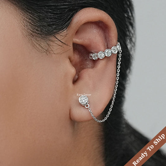 Double Peircing Round Cut Dangle Hoop Chain Earring