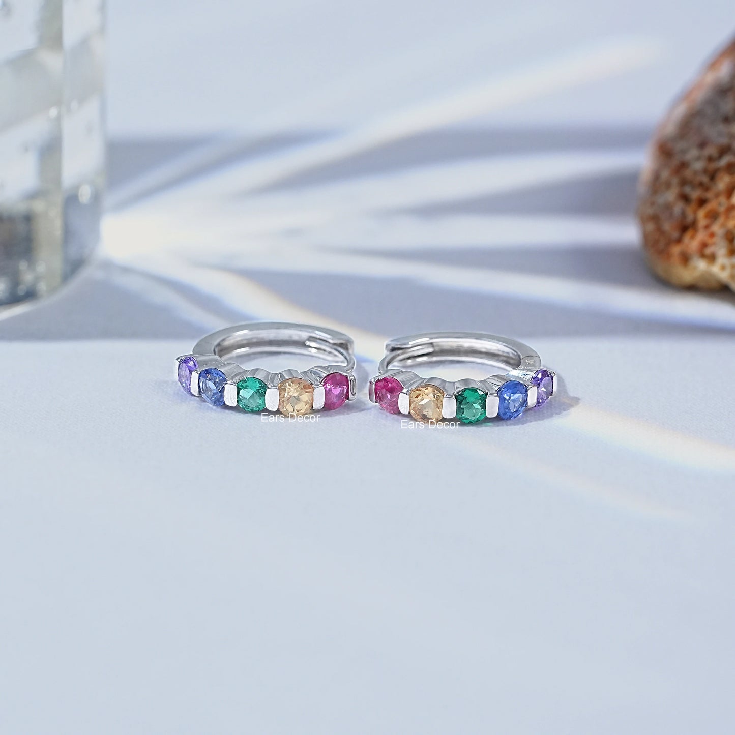 Round Cut Rainbow Gemstone Hoop Earrings