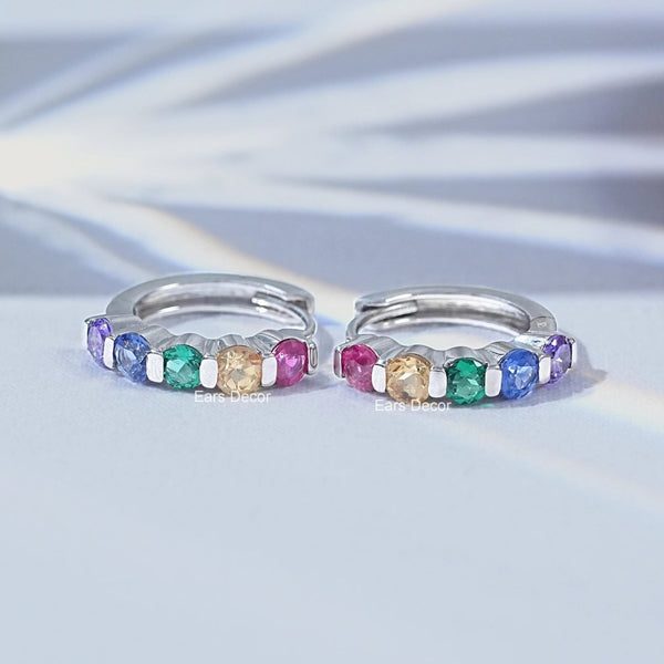 Round Cut Rainbow Gemstone Hoop Earrings