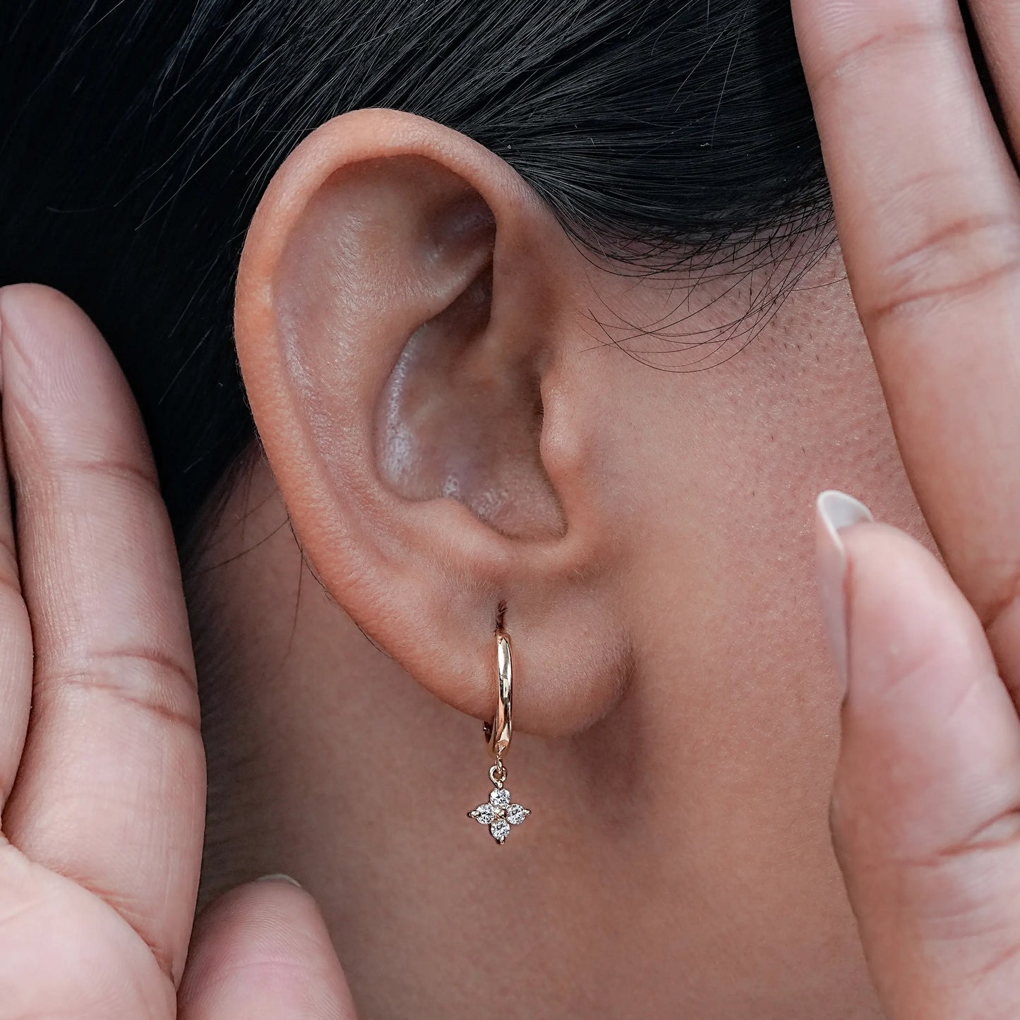 Round Lab Diamond Floral Drop Hoop Earrings