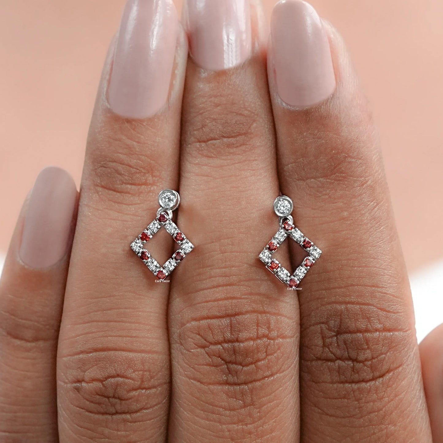 Bezel Set Round Ruby Gemstone Accent Drop Earrings