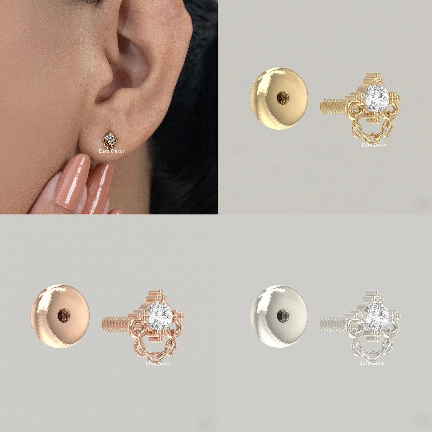 Round Cut Bar Chain Stud Earring