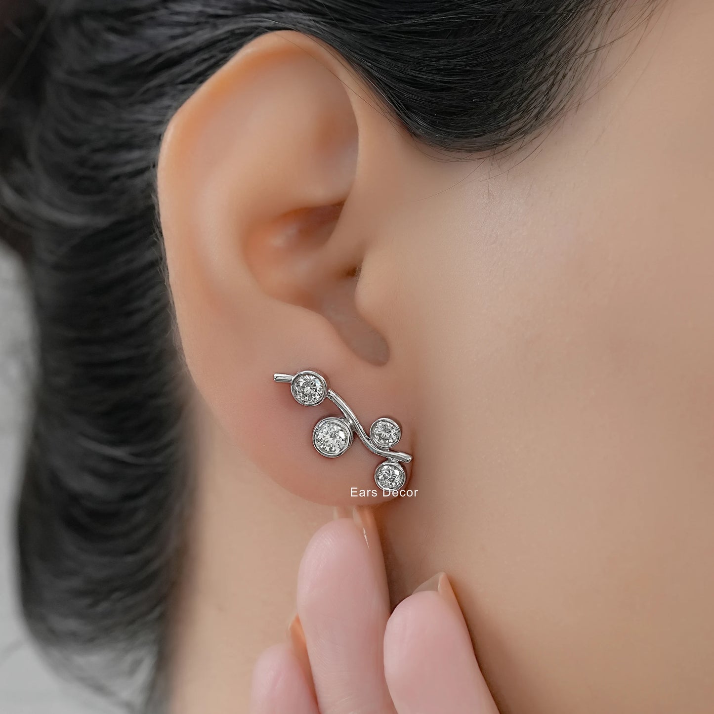 Round Diamond Ear Climber Stud Earring