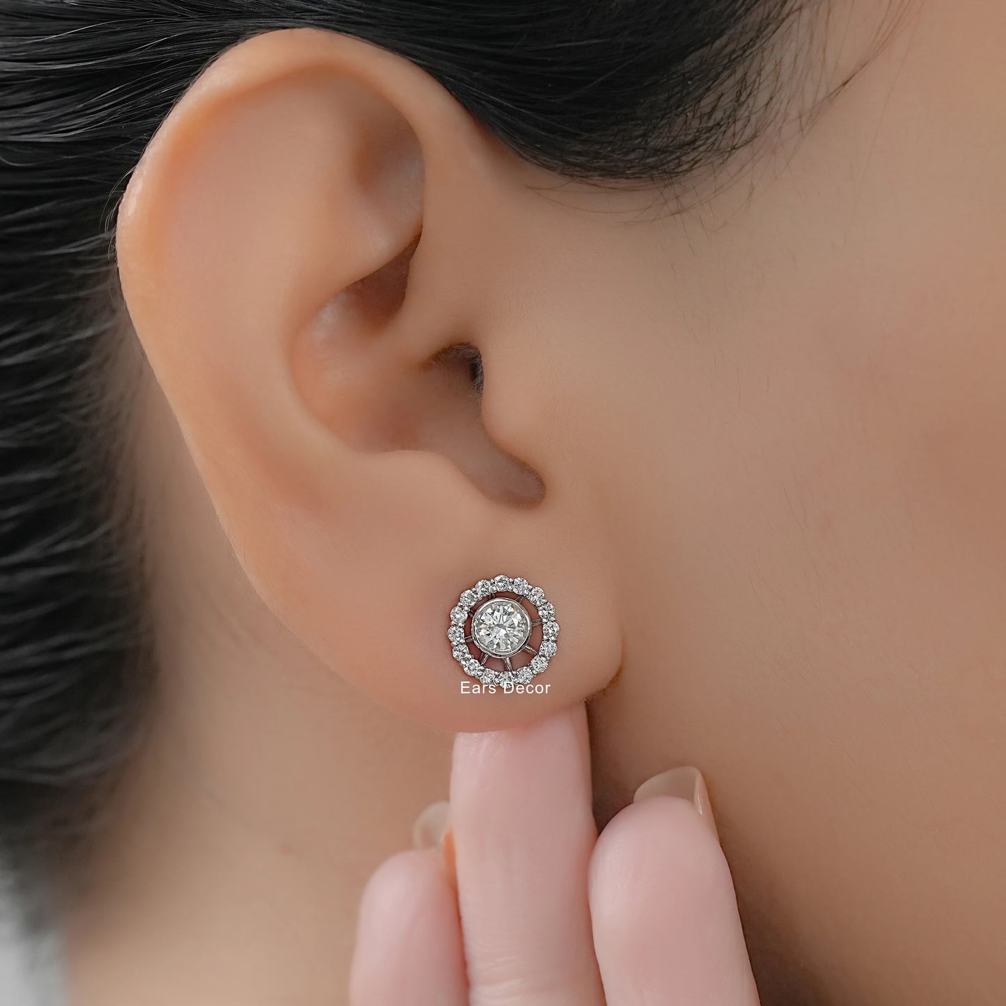 Round Lab Diamond Open Circle Halo Stud Earring