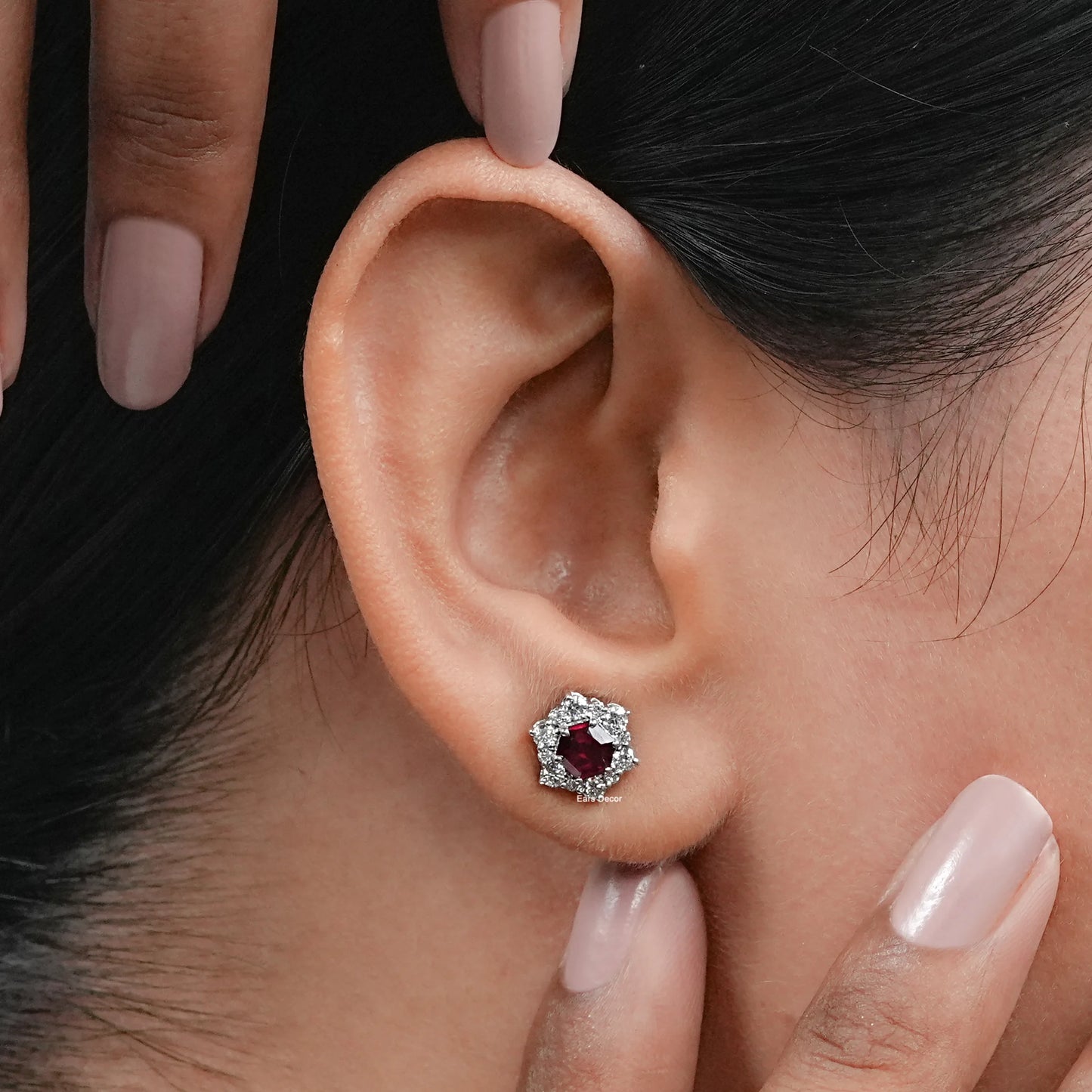Floral Ruby Hexagon Halo Set Cluster Stud Earring
