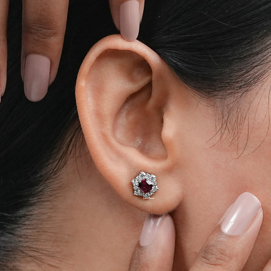 Floral Ruby Hexagon Halo Set Cluster Stud Earring