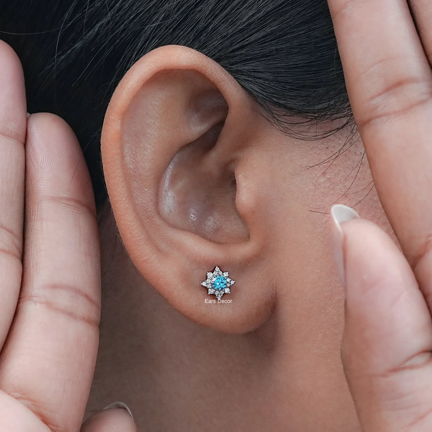 Aquamarine Gemstone Floral Shaped Cluster Stud Earrings