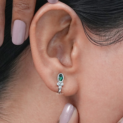 Green Oval Three Round Diamond Curved Earrings