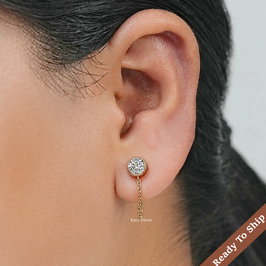 Round Cut Diamond Stud Dangle Chain Earring