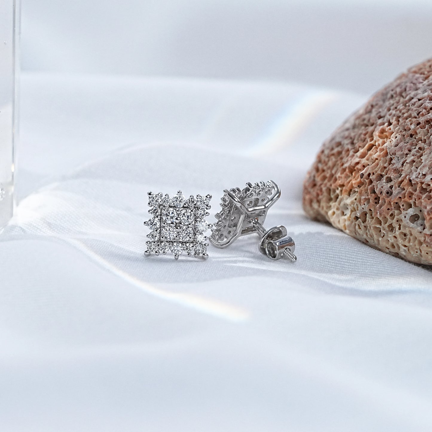Square Shape Round Cut Lab Diamond Halo Stud Earrings