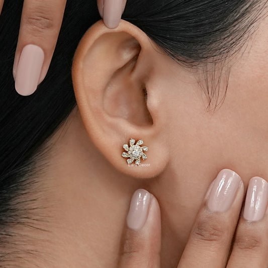 Floral Round Natural Diamond Stud Earring