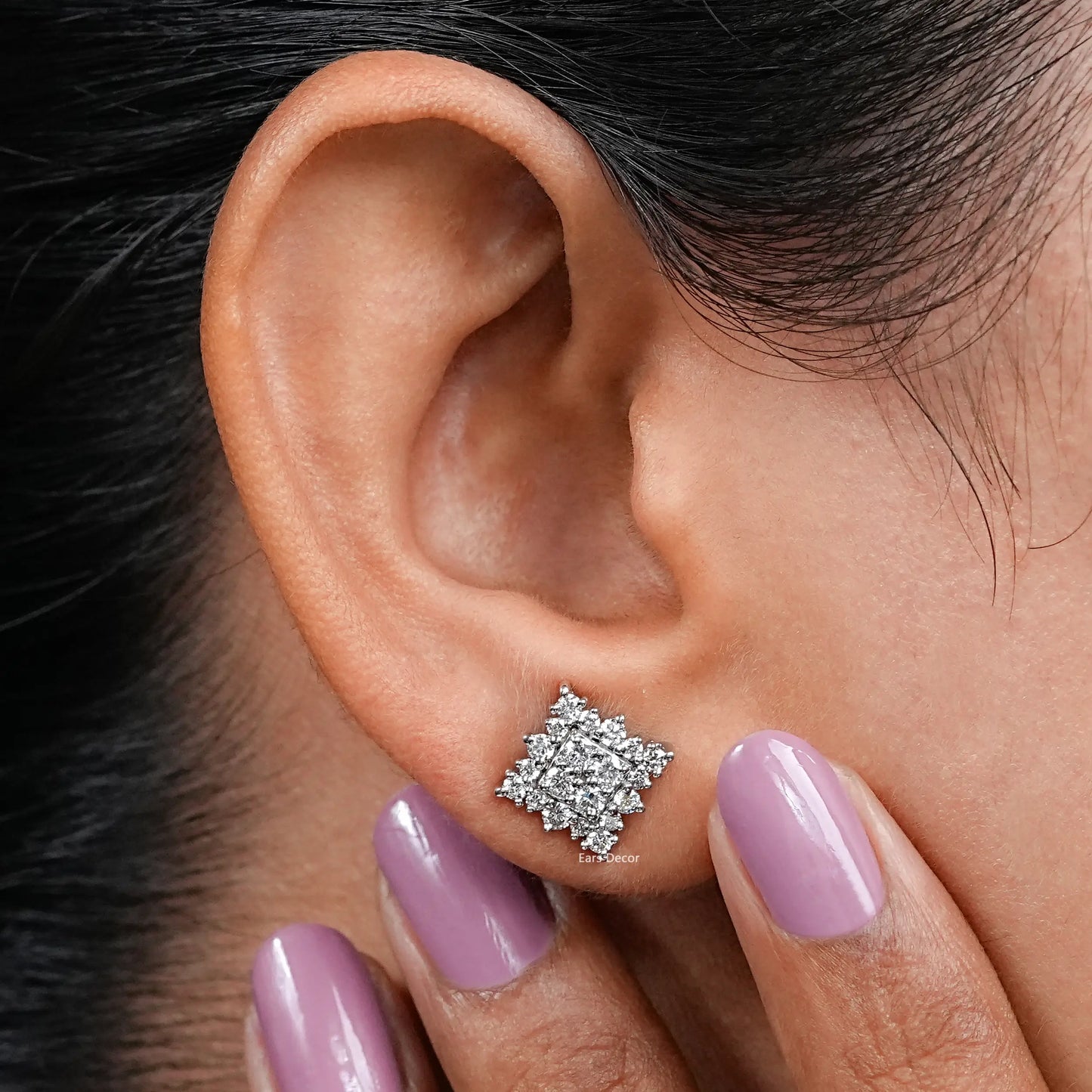 Square Shape Round Cut Lab Diamond Halo Stud Earrings