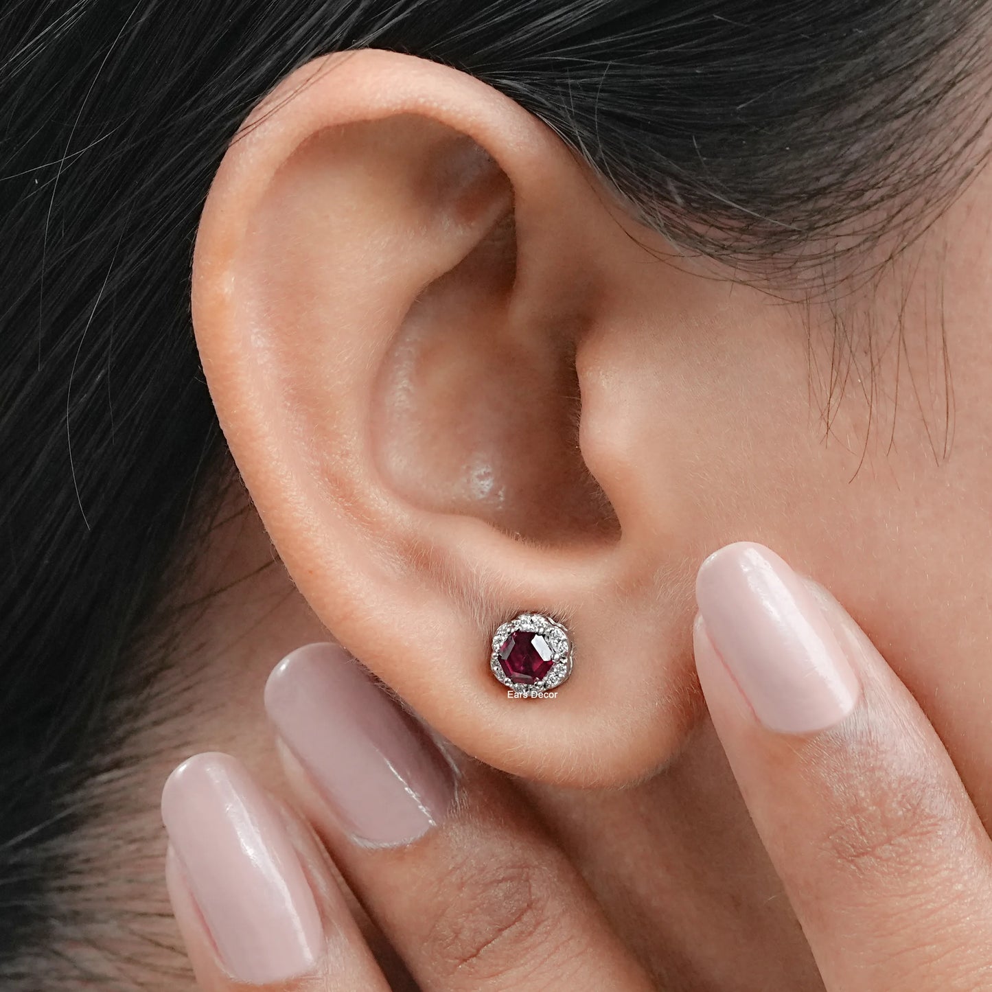 Hexagon Cut Ruby Gemstone Halo Stud Earrings