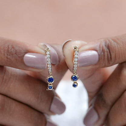 Sapphire Round Gemstone Dangle Huggie Earrings