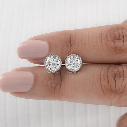 Milgrain Set Round Moissanite Diamond Stud Earrings