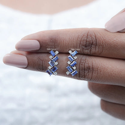 Sapphire Baguette & Round Diamond Drop Earrings