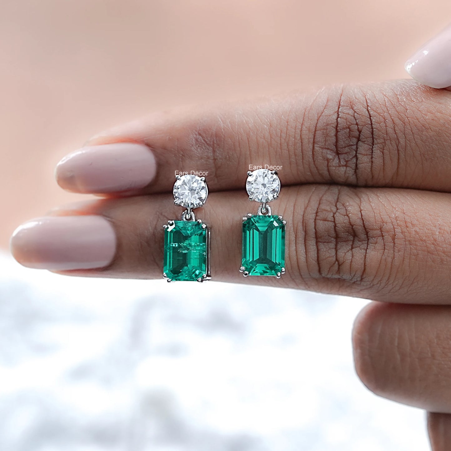 Round Lab Diamond & Emerald Gemstone Drop Earrings