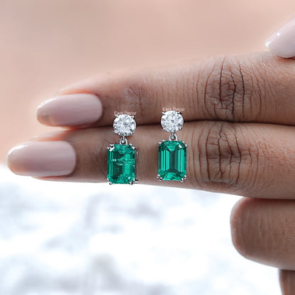 Round Lab Diamond & Emerald Gemstone Drop Earrings