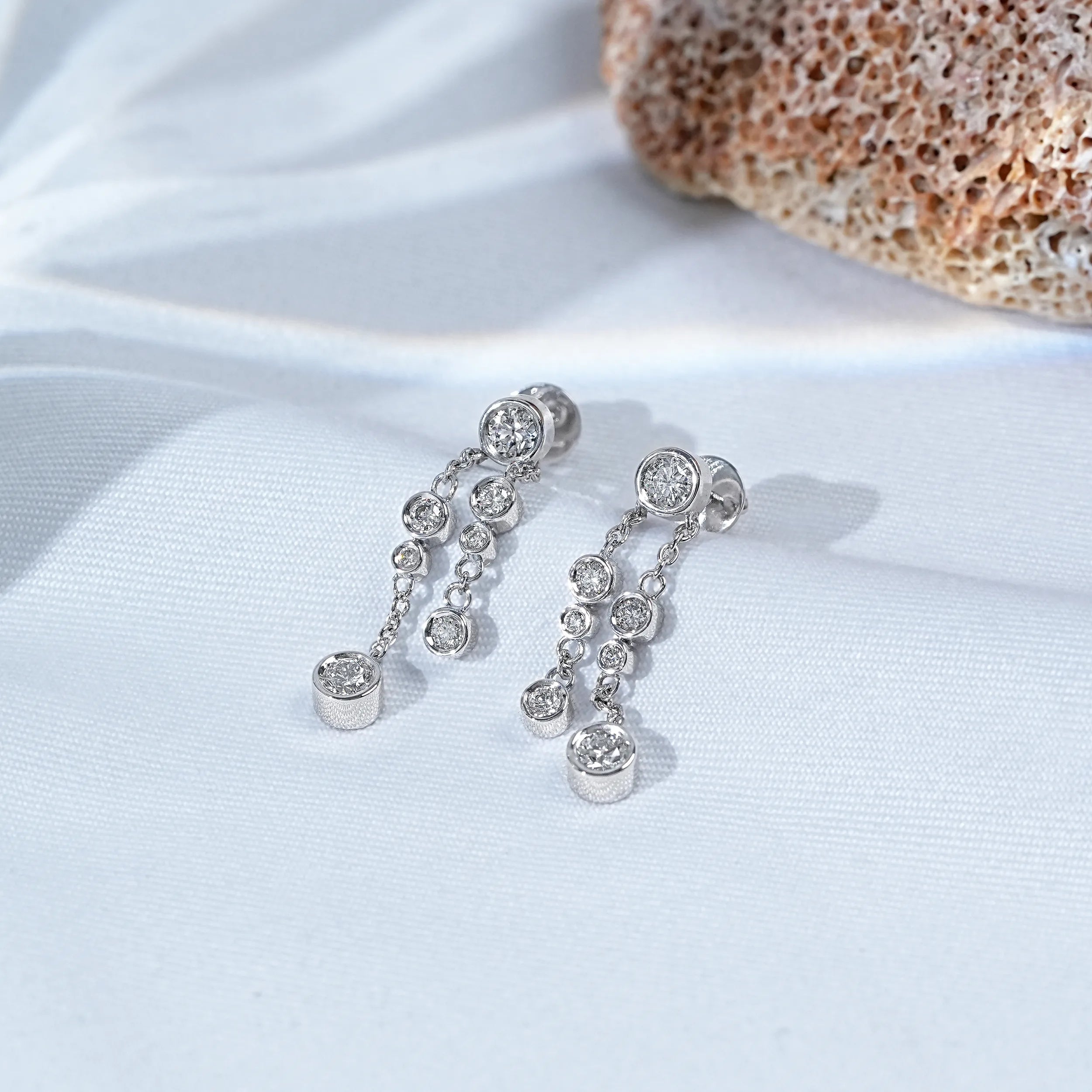 Round Lab Diamond Bezel Set Chain Dangle Drop Earring