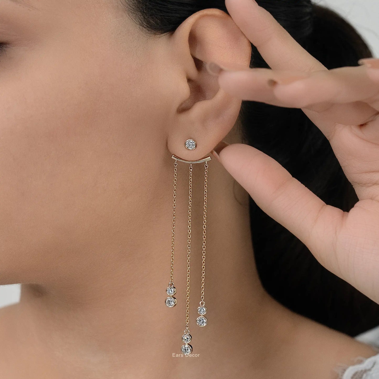 Triple Chain Long Dangle Stud Earring