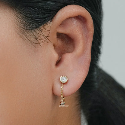 Round Bezel Set Dangle Chain Earrings