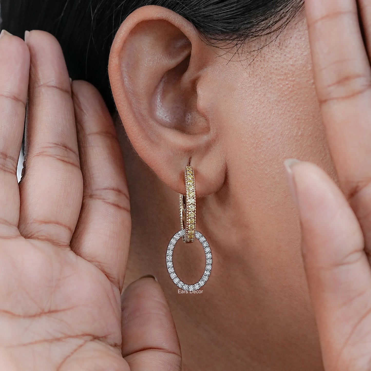 Yellow Round Cut Lab Diamond Double Link Hoop Earrings