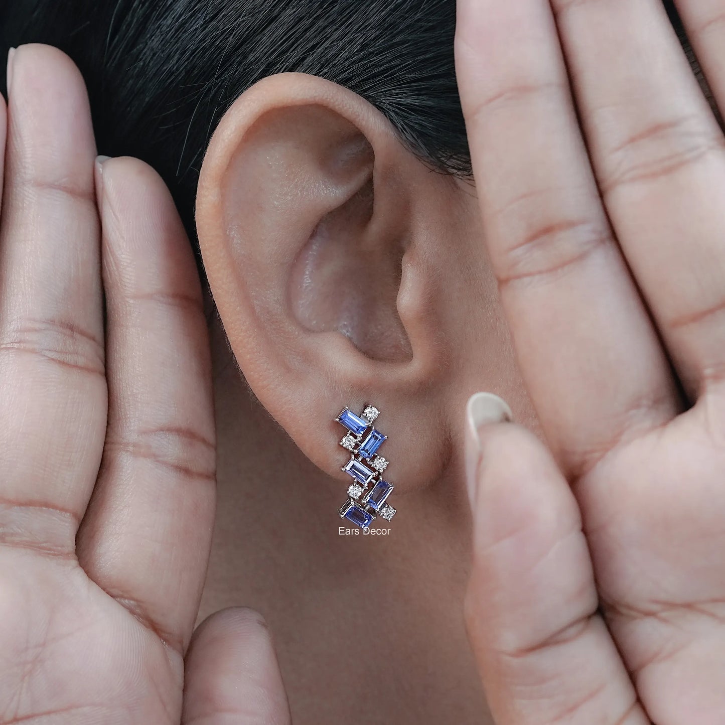 Sapphire Baguette & Round Diamond Drop Earrings
