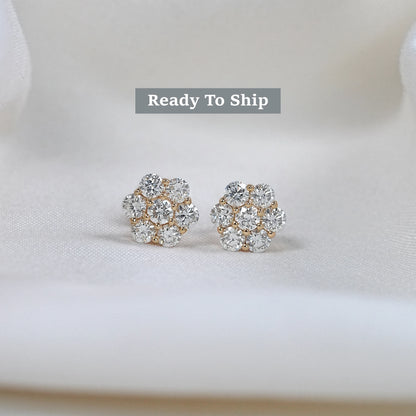 Round Lab Diamond Floral Shape Stud Earrings