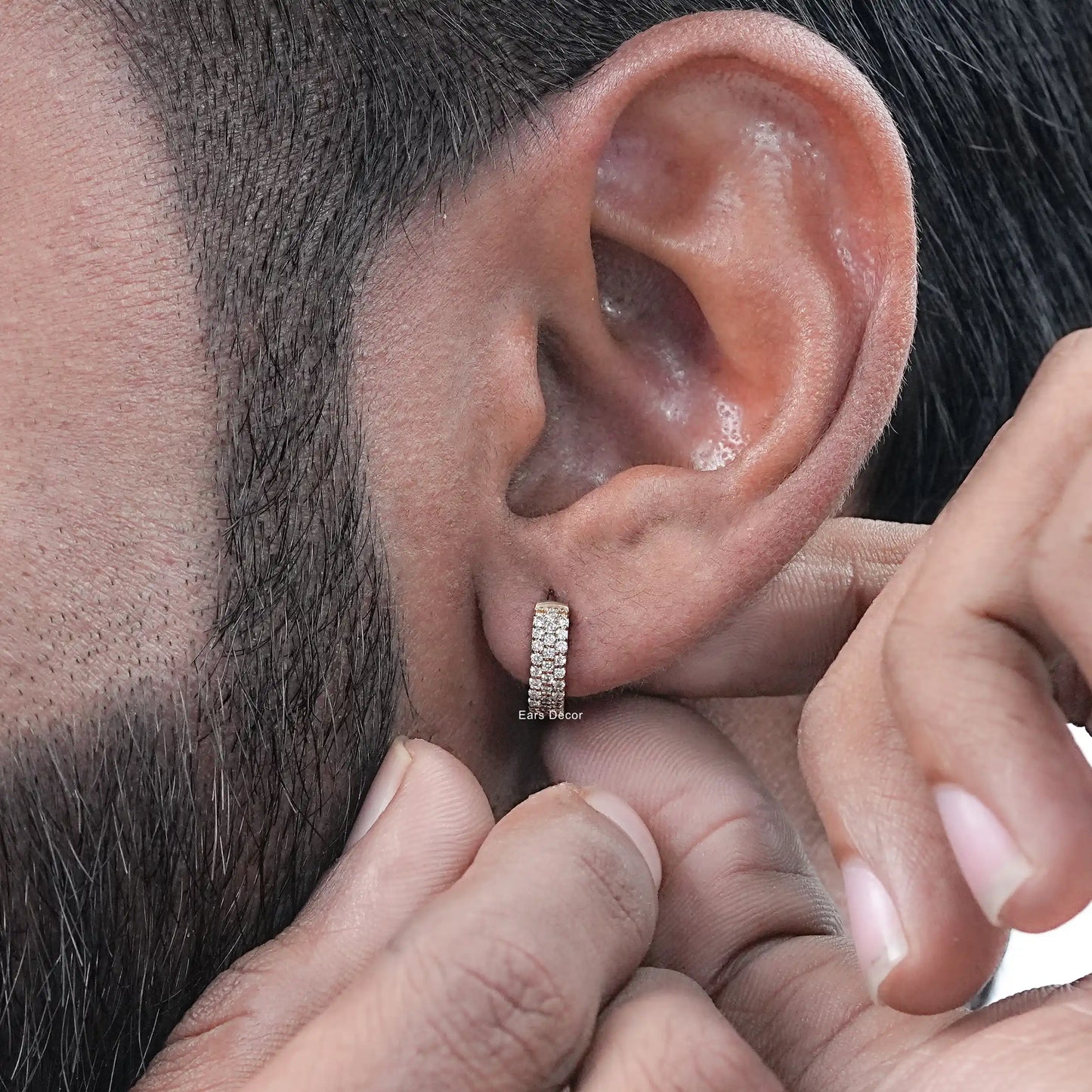 Round Diamond Pave Set Men's Hoop Earring