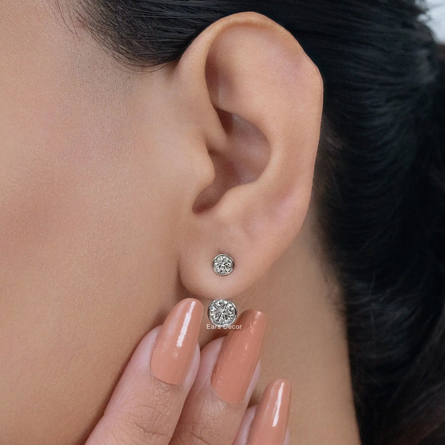 Round Cut Diamond Stud Ear Jacket Drop Earring