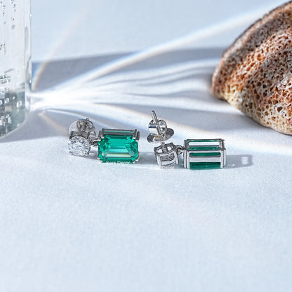 Round Lab Diamond & Emerald Gemstone Drop Earrings